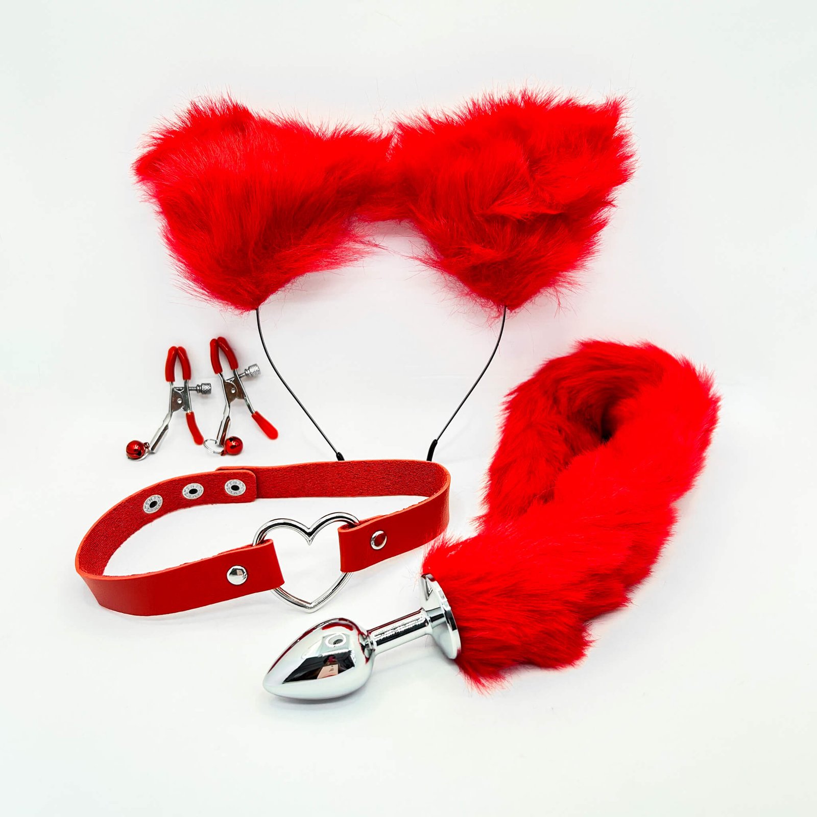 Sexy Fox Tail Butt Plug, Collar, Nipple Clamp and Ears Set